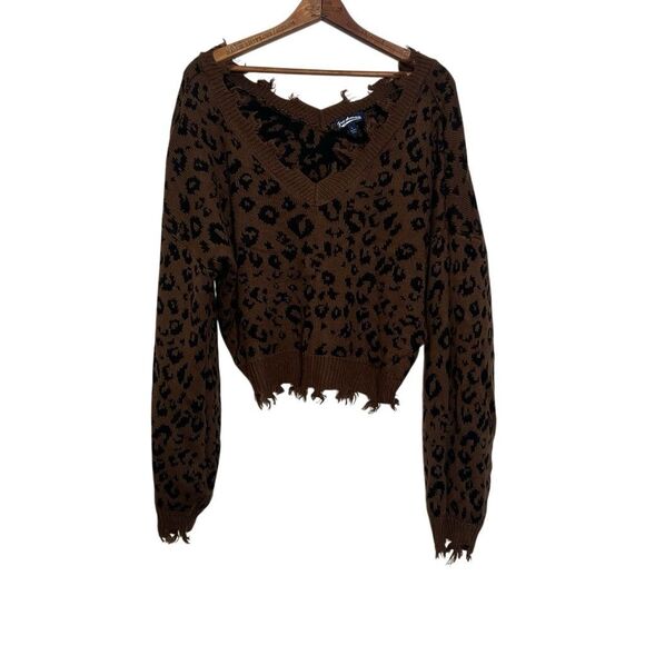 Freshman 1996 Leopard Print Distressed Cropped V-neck Sweater Brown Black Large - Picture 2 of 6